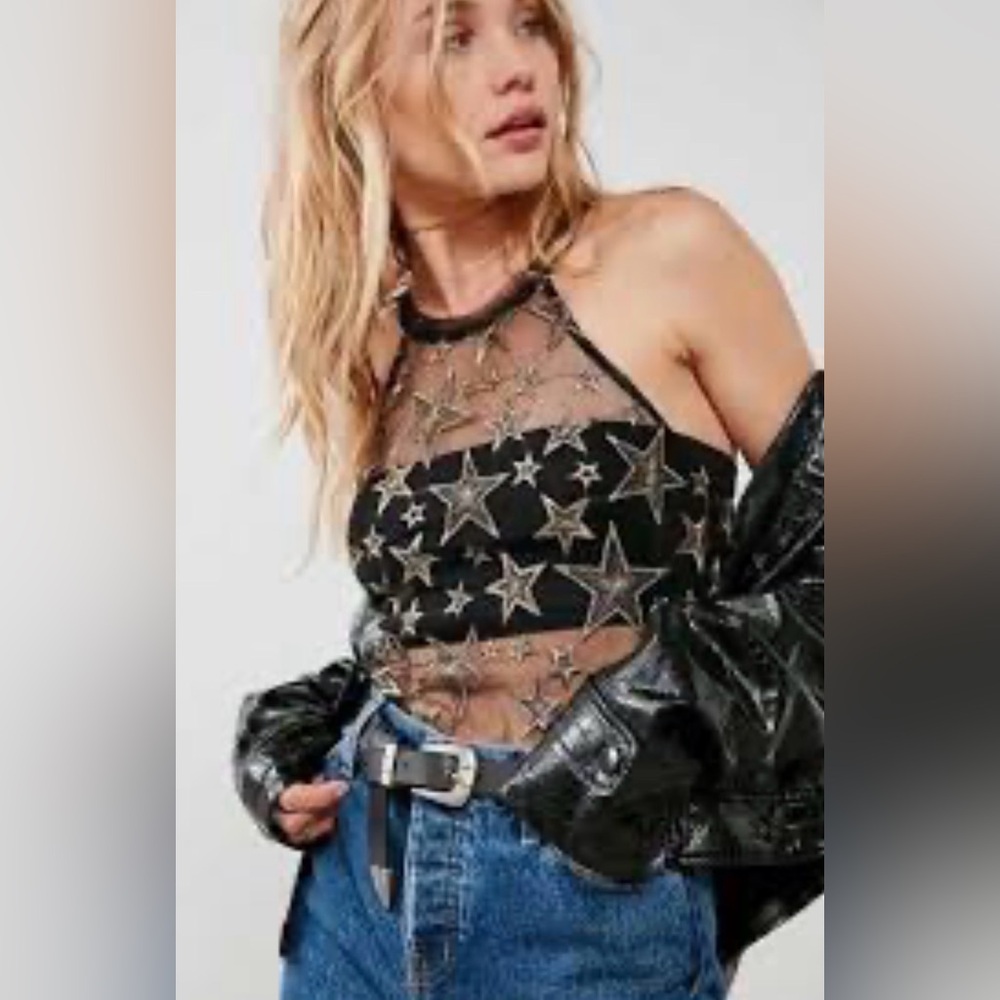 Ecote Black Sheer Star Halter Crop Top